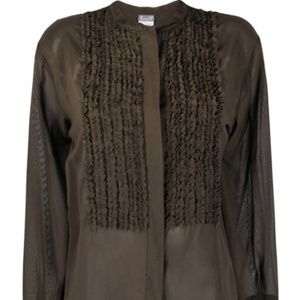 Kristensen Du Nord RUFFLE-BIB LONG SLEEVED BLOUSE IN GREEN